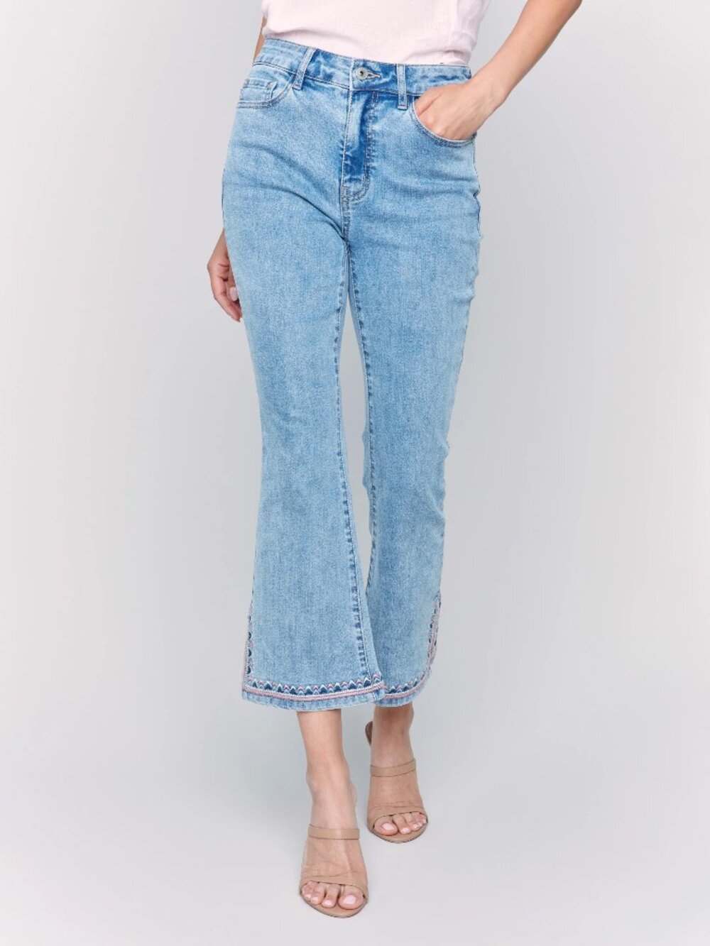 Charlie B, Cropped Bootcut Jeans with Embroidered Side Slit